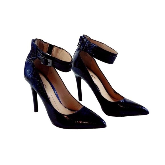 Ankle Strap Gianni Bini Stiletto Pump Patent Leather Navy Blue Embossed Shinny - Picture 3 of 11